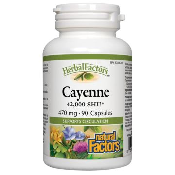Natural Factors Cayenne Лют червен пипер за подобряване на кръвообращението 470 мг х 90 капсули