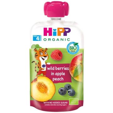 Hipp Organic забавна закуска горски плод, ябълка и праскова 4М+ 100 г