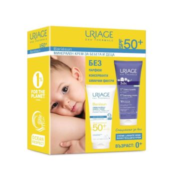 Uriage Bariesun Слънцезащитен минерален крем за лице и тяло SPF50+ 100 мл + Uriage Bebe 1er Нежен пенлив душ-крем за бебета и деца за лице, тяло и коса 200 мл Комплект