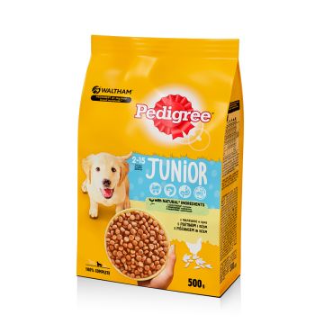 Pedigree Junior Гранули пилешко и ориз за подрастващи кучета от средни породи 500 гр