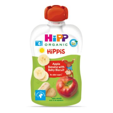 Hipp Organic Забавна закуска ябълка, банан и бисквити 4М+ 100 г