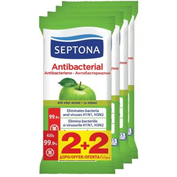 Septona Antibacterial Антибактериални мокри кърпи за ръце с аромат на зелена ябълка 2+2 х15 бр