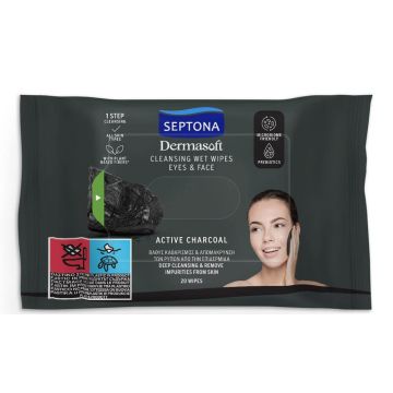Septona Daily Clean Active Charcoal Detox Мокри кърпи за лице с активен въглен 20 бр
