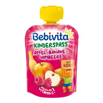 Bebivita забавна плодова закуска ябълка, банан и малини с бисквити 12М+ 90 г