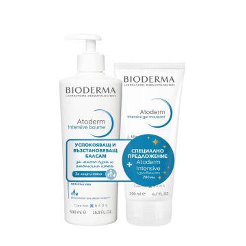 Bioderma Atoderm Интензивен успокояващ балсам 500 мл + Bioderma Atoderm Intensive Измиващ гел за много суха и атопична кожа 200 мл Комплект