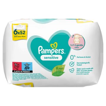 Pampers Sensitive Fragrance Free Бебешки мокри кърпички 6x52 бр