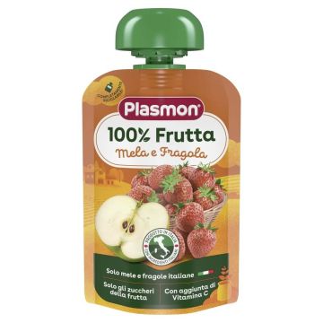 Plasmon 100% Mela E Fragola Плодова закуска ябълка и ягода за деца 12М+ 100 гр