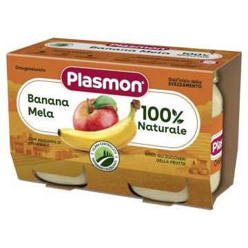 Plasmon Banana Mela 100% Плодово пюре банан с ябълка за деца 4М+ 104 г х 2 бр