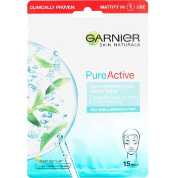 Garnier Skin Naturals Pure Active Хартиена маска за лице за мазна и проблемна кожа 28 гр 1 бр