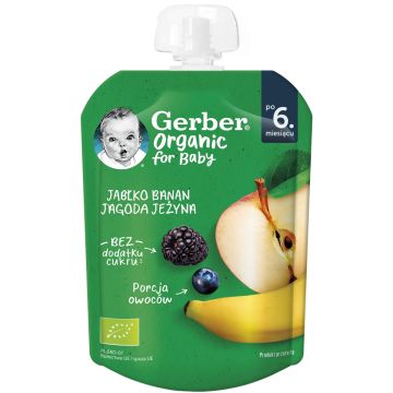 Gerber® Organic Ябълка, банан, боровинка и къпина Пюре Пауч 6М+ 80 гр  