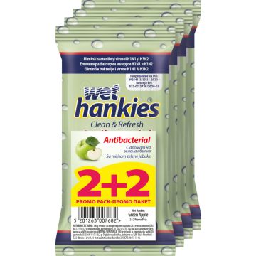 Wet Hankies Антибактериални мокри кърпи със зелена ябълка 4х15 бр Промо