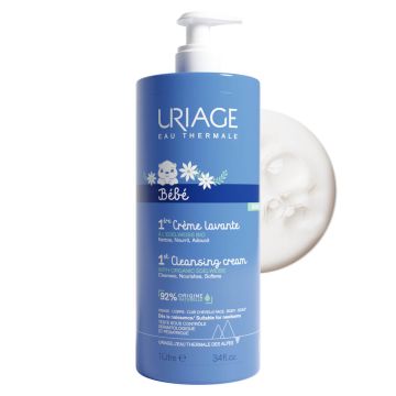 Uriage Bebe 1er Нежен пенлив душ-крем за бебета и деца за лице, тяло и коса с органичен еделвайс 1000 мл