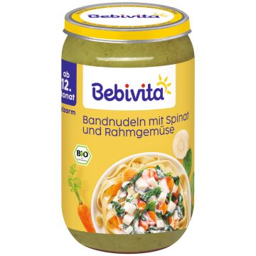 Bebivita Био пюре макарони със спанак, зеленчуци и сметана 12М+ 250 г