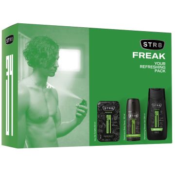 STR8 FR34K Комплект за мъже Тоалетна вода + STR8 FR34K Дезодорант спрей за мъже 150 мл + STR8 FR34K Освежаващ душ гел за мъже 250 мл Комплект