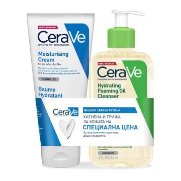 CeraVe Хидратиращ крем за лице и тяло за суха към много суха кожа 177 мл + CeraVe Хидратиращо измиващо олио за лице и тяло 236 мл Комплект