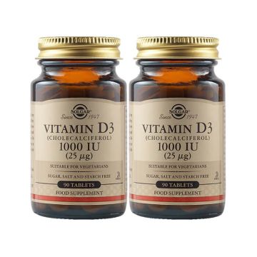 Solgar Vitamin D3 Витамин D3 за здрава костна система 1000IU х 90 таблетки 1+1 Промо комплект