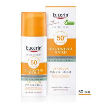 Eucerin Sun Oil Control Слънцезащитен оцветен гел-крем за лице за мазна и акнеична кожа SPF50+ Светъл нюанс 50 мл