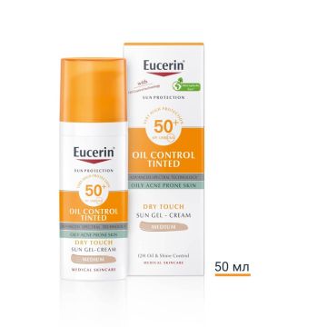 Eucerin Sun Oil Control Слънцезащитен оцветен гел-крем за лице за мазна и акнеична кожа SPF50+ Тъмен нюанс 50 мл