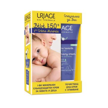 Uriage Bebe 1er Creme Minerale Минерален слънцезащитен крем за бебета и деца SPF50+ 50 мл + Uriage Bebe 1er Нежен пенлив душ-крем за бебета и деца 50 мл Комплект