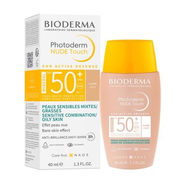 Bioderma Photoderm Nude Touch Слънцезащитен минерален оцветен флуид за лице за комбинирана и мазна кожа SPF50+ Светъл нюанс 40 мл