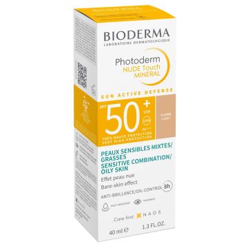 Bioderma Photoderm Nude Touch Слънцезащитен минерален оцветен флуид за лице за комбинирана и мазна кожа SPF50+ Светъл нюанс 40 мл