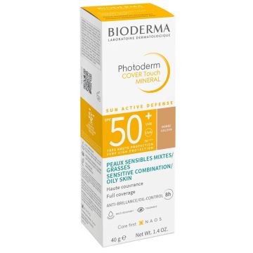 Bioderma Photoderm Cover Touch Минерален слънцезащитен тониран крем за комбинирана, мазна и акнеична кожа SPF50+ Златист нюанс 40 мл