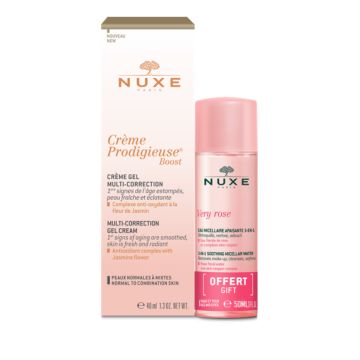 Nuxe Prodigieuse Boost Мултикоригиращ гел-крем за нормална към комбинирана кожа 40 мл + Nuxe Very Rose 3в1 Успокояваща мицеларна вода 50 мл Комплект