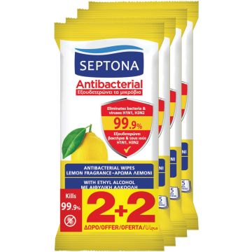 Septona Antibacterial Антибактериални мокри кърпи за ръце с аромат на лимон 2+2 х15 бр