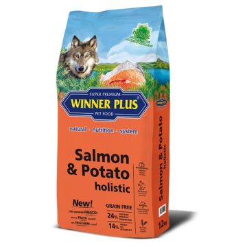 Winner Plus Salmon and Potato holistic Холистична храна с прясна сьомга и картофи за кучета с алергии и чувствителен стомах от всички породи и възрасти 12 кг