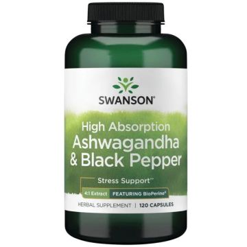 Swanson High Absorption Ashwagandha & Black Pepper - Featuring BioPerine Ашваганда с висока абсорбация и черен пипер - включващ биоперин 120 капсули