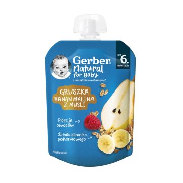 GERBER® Natural for baby Круша, банан, малина с мюсли от 6-ия месец пауч 80 гр