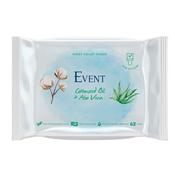 Event Биоразградими тоалетни мокри кърпи с масло от памучно семе и екстракт от алое вера х 42 броя