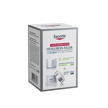 Eucerin Hyaluron-Filler Дневен крем за суха кожа SPF15 50 мл + Eucerin Hyaluron-Filler Дневен крем за суха кожа SPF15 50 мл - пълнител Комплект