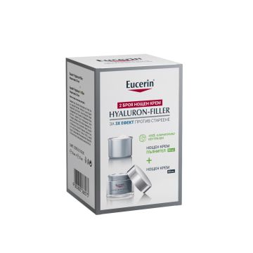 Eucerin Hyaluron-Filler Нощен крем за всеки тип кожа 50 мл + Eucerin Hyaluron-Filler Нощен крем за всеки тип кожа 50 мл - пълнител Комплект