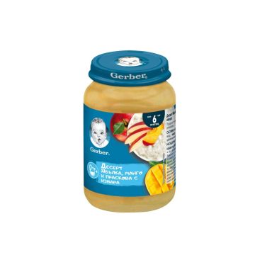 Gerber Плодово пюре с ябълки, манго, праскови и извара 6м+ 190 гр