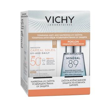 Vichy Capital Soleil UV-Age Слънцезащитен противостареещ тониран флуид SPF50+ 40 мл + Vichy Mineral 89 Гел-бустер 30 мл Комплект