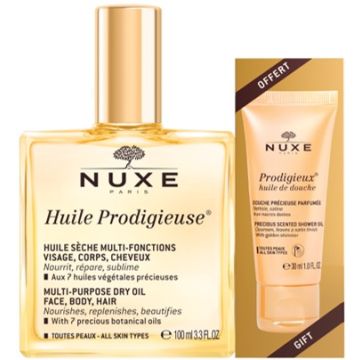 Nuxe Huile Prodigieuse Мултифункционално сухо олио 100 мл + Подарък: Nuxe Prodigieux Измиващо душ олио със златни частици 30 мл Комплект