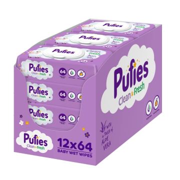 Pufies Clean & Fresh Бебешки мокри кърпички с алое вера 11 пакета + 1 пакет подарък