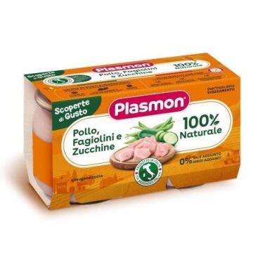 Plasmon Пюре пилешко, зелен фасул и тиквички 6М+ 120 гр х 2 бр