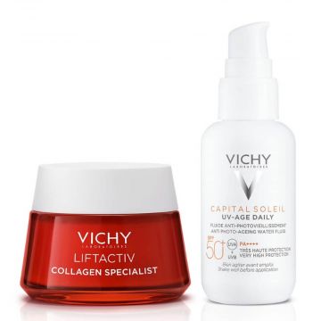 Vichy Liftactiv Collagen Specialist Дневен крем за лице против бръчки за всеки тип кожа 50 мл + Capital Soleil UV-Age Слънцезащитен противостареещ флуид SPF50+ 40 мл Комплект