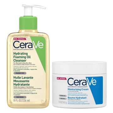 CeraVe Хидратиращо измиващо олио за лице и тяло 236 мл + CeraVe Хидратиращ крем за лице и тяло за суха към много суха кожа 340 гр Комплект