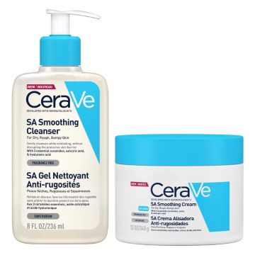 CeraVe SA Изглаждащ измиващ гел за суха и груба кожа 236 мл + CeraVe SA Изглаждащ крем за суха и груба кожа 340 гр Комплект