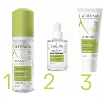 A-Derma Biology Hydra-Protective Почистваща пяна 150 мл + A-Derma Biology Hyalu Серум за лице 3в1 30 мл + A-Derma Biology Дерматологичен хидратиращ лек крем 40 мл Комплект