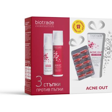 Biotrade Acne Out Измивен гел 50 мл + Активен лосион 60 мл + Хидро актив крем 60 мл + Блистер Акне аут капсули с бирена мая Комплект