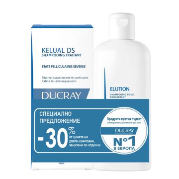 Ducray Kelual DS Третиращ шампоан против пърхот 100 мл + Ducray Elution Дермопротективен шампоан 200 мл Комплект