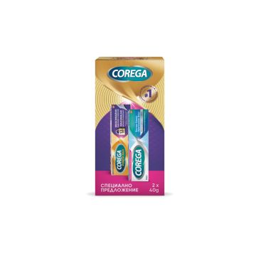 Corega Max Hold & Comfort Корега Фиксиращ крем за зъбни протези 40 гр + Corega Екстра силен Оригинален вкус Фиксиращ крем за зъбни протези с мента 40 гр Комплект