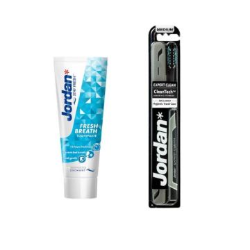 Jordan Expert Clean Четка за зъби антиплака Medium с кутийка + Jordan Fresh Breath Паста за зъби за свеж дъх 75 мл Комплект