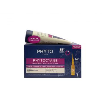 Phyto Phytocyane Tерапия против реактивен косопад при жени 12 ампули х 5 мл + Phyto Phytocyane Шампоан против косопад за жени 100 мл Комплект
