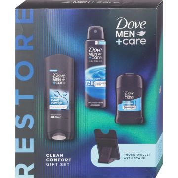 Dove Men+Care Clean Comfort Подаръчен комплект с портфейл за телефон със стойка 3 части 