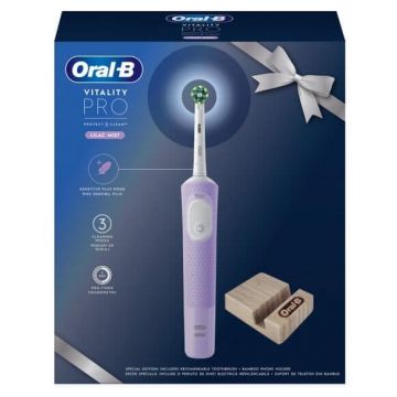 Oral-B Vitality Pro Електрическа четка за зъби лилава + Бамбукова поставка за телефон Комплект